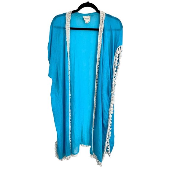 Sand and Spirit Kimono Women's' Medium Long Teal Swim Coverup With Crochet - Picture 1 of 12